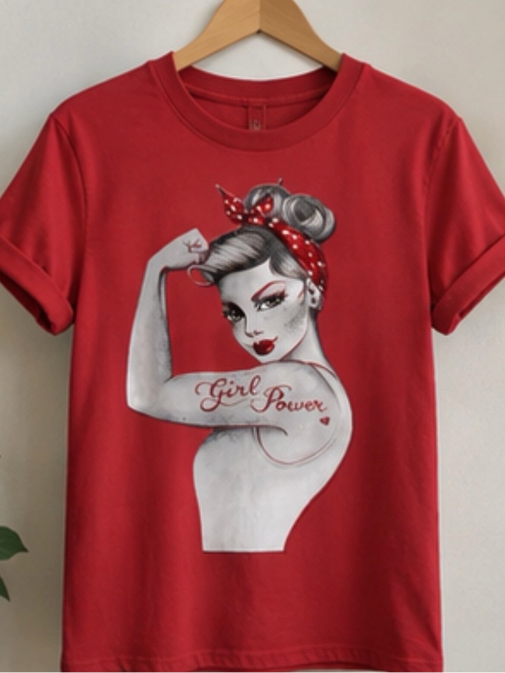 Women's Red 'Girl Power' Graphic Tee - Feminine Crewneck Top